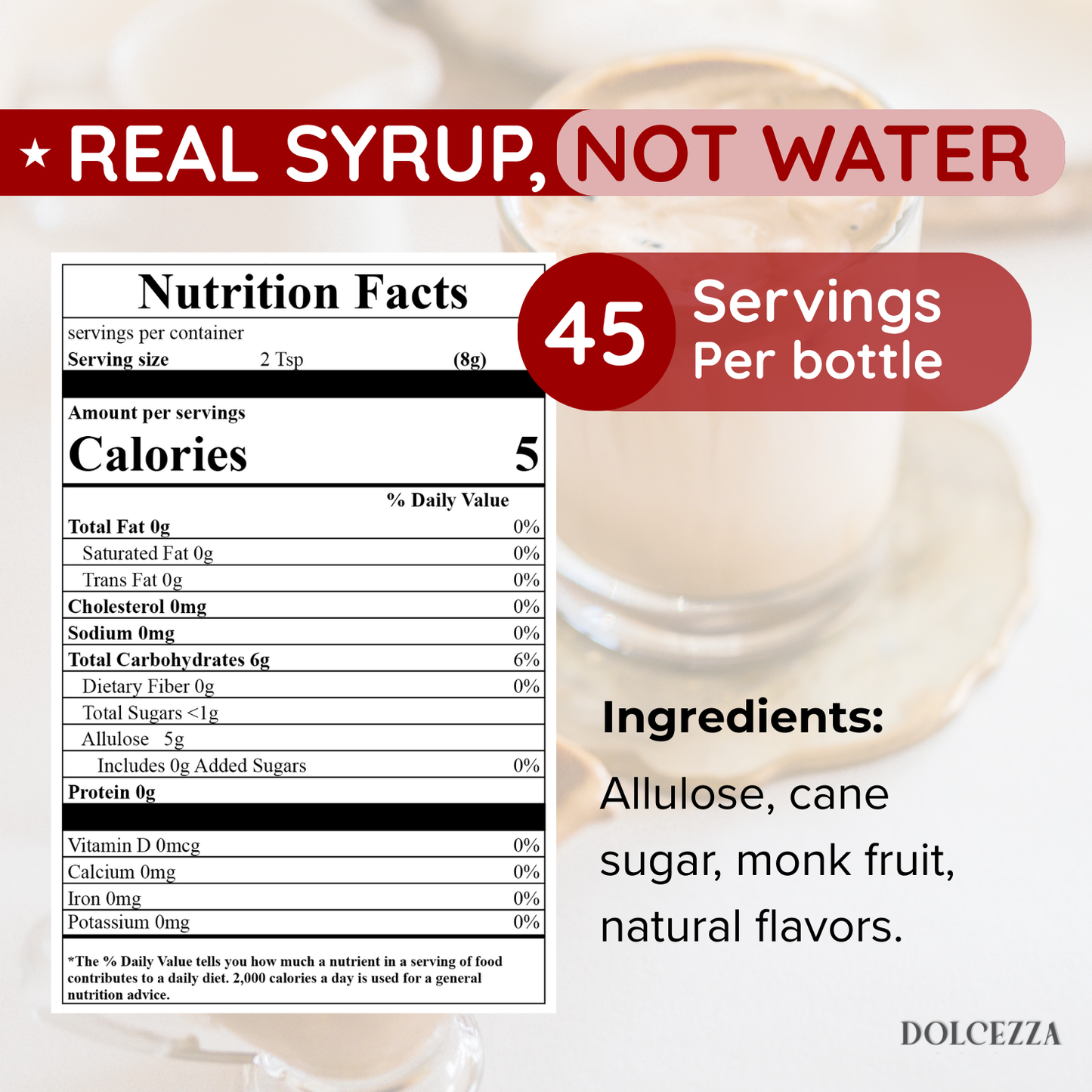 Low calorie simple syrup, keto and diabetic friendly, smooth and balanced sweetless.
Perfect for coffee, sodas, cocktails or sweets.
45 servings per bottle. Only 5 cal per serving