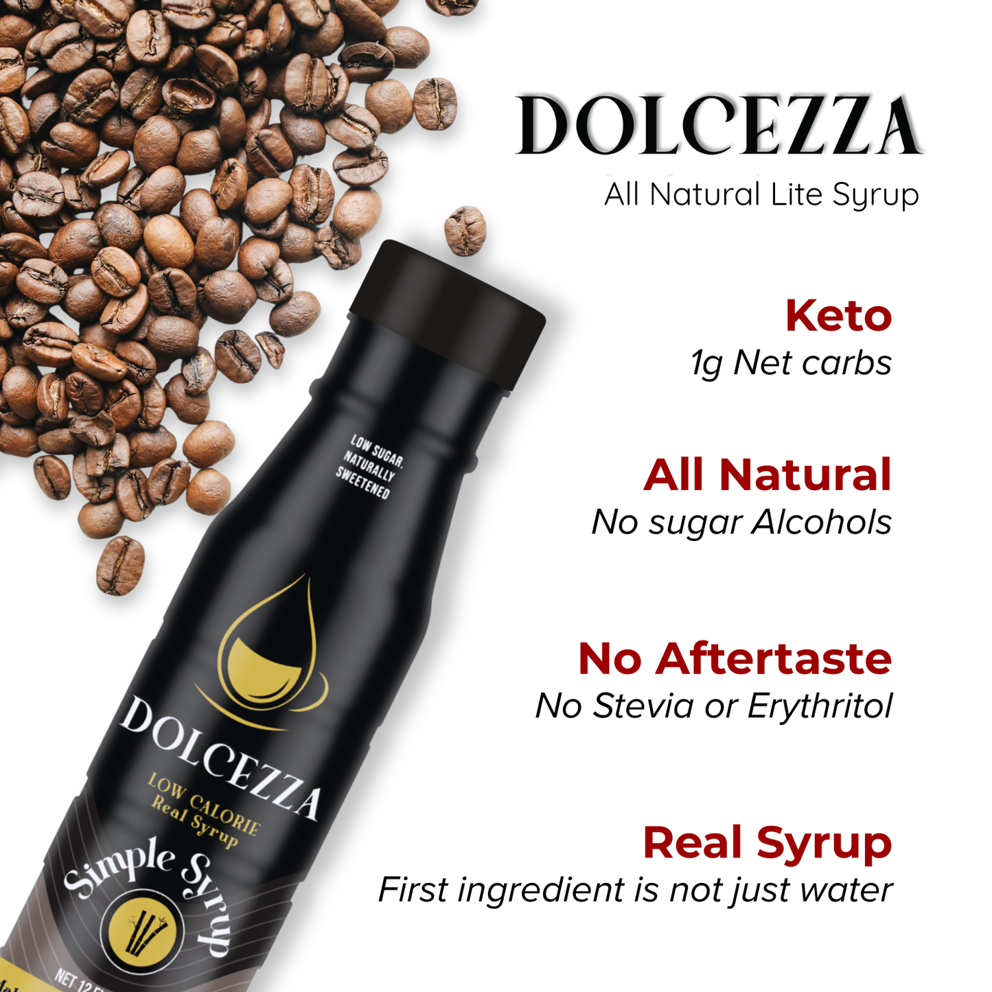 Dolcezza All Natural Syrups - Simple Syrup is Keto friendly, diabetic friendly, 1 g net carbs, all natural no sugar alcohols, No aftertaste no Stevia or Erythritol, real syrup texture and flavor