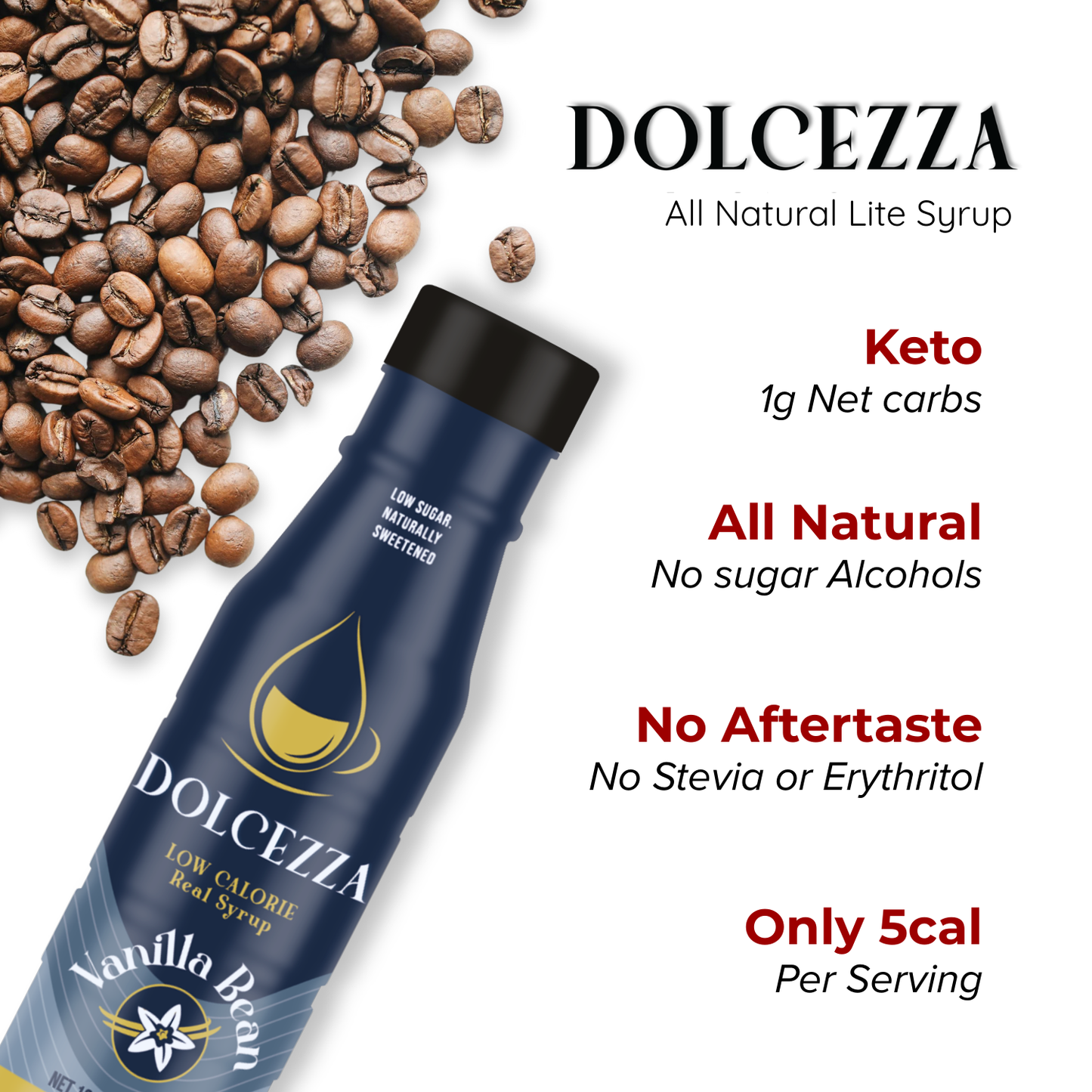 Dolcezza Allulose Vanilla Syrups is Keto and diabetic friendly, all natural, no sugar alcohols, no aftertaste no stevia or erythritol only 5 cal per serving