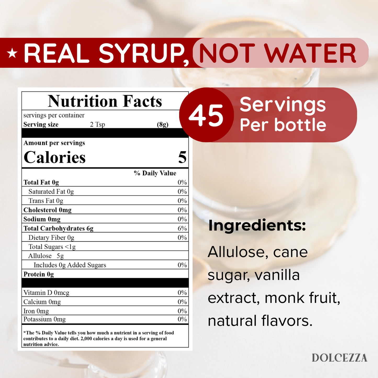 Low calorie simple syrup, keto and diabetic friendly, smooth and balanced sweetless.
Perfect for coffee, sodas, cocktails or sweets.
45 servings per bottle. Only 5 cal per serving