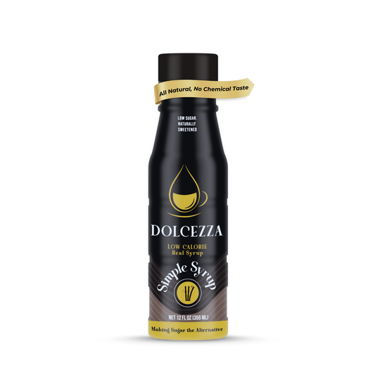 Dolcezza Low Calorie Simple Syrups bottle. All natural ingredients. Allulose monk fruit cane sugar blend. No chemical aftertaste label.