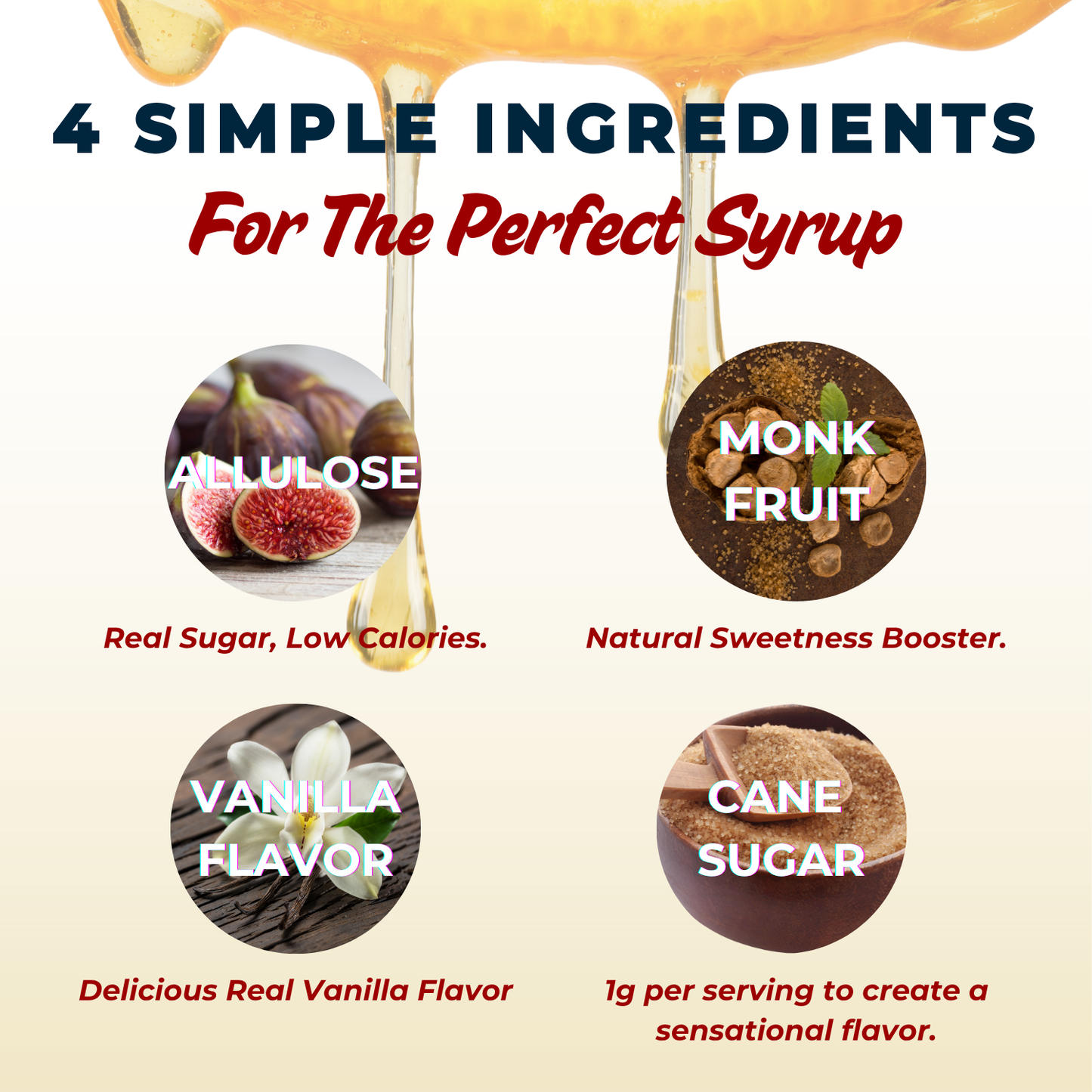 4 simple ingredients allulose, monk fruit vanilla flavor, cane sugar