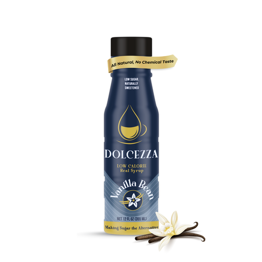 Dolcezza Vanilla Syrups bottle. All natural ingredients. Allulose monk fruit cane sugar blend. No chemical aftertaste label.