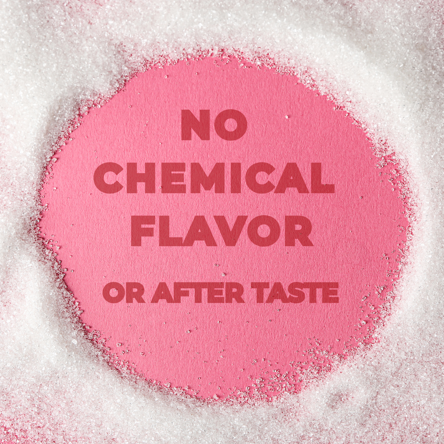 Pink circle with text 'No Chemical Flavor or After Taste Coffee Syrup'