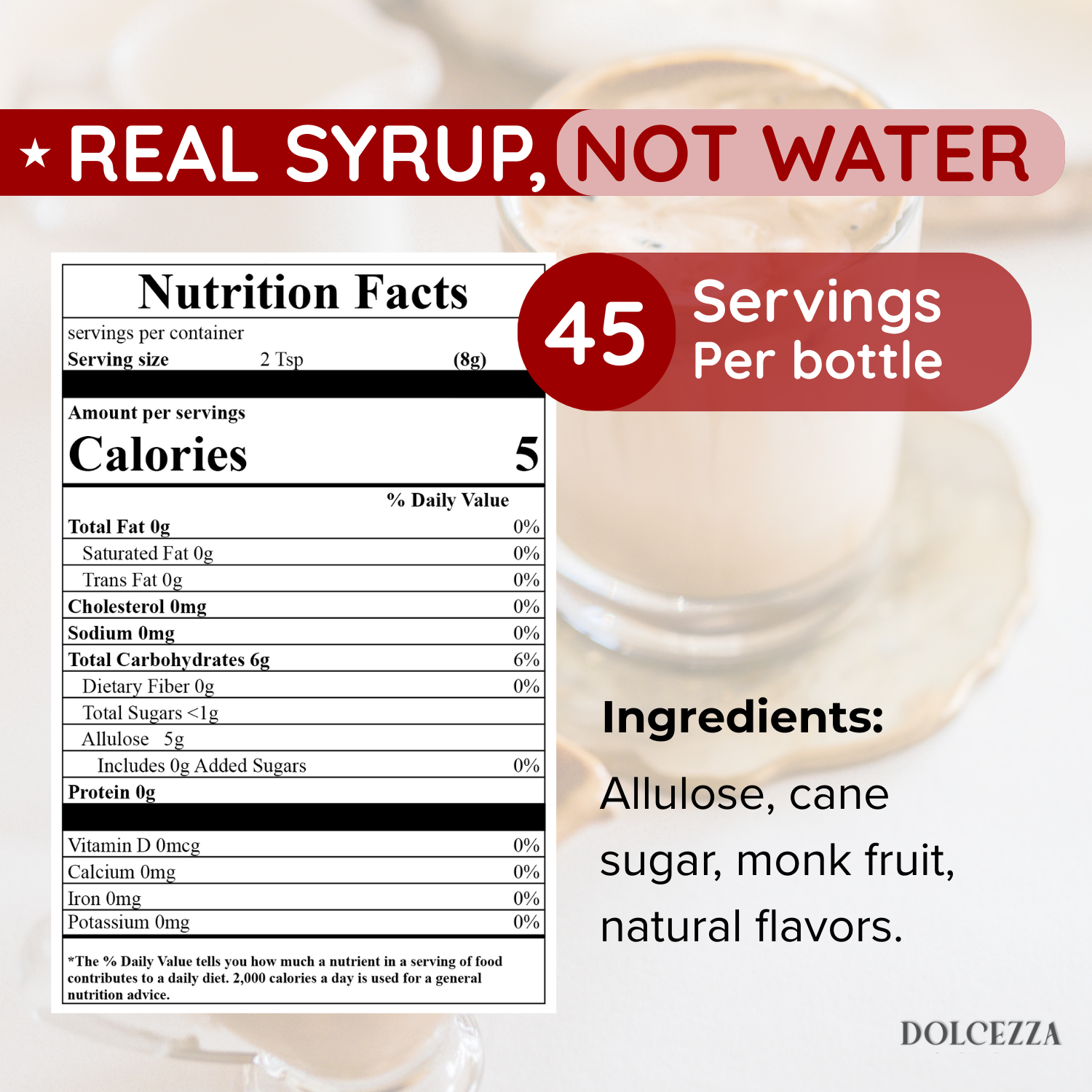 Low calorie simple syrup, keto and diabetic friendly, smooth and balanced sweetless. 

Perfect for coffee, sodas, cocktails or sweets.

45 servings per bottle. Only 5 cal per serving