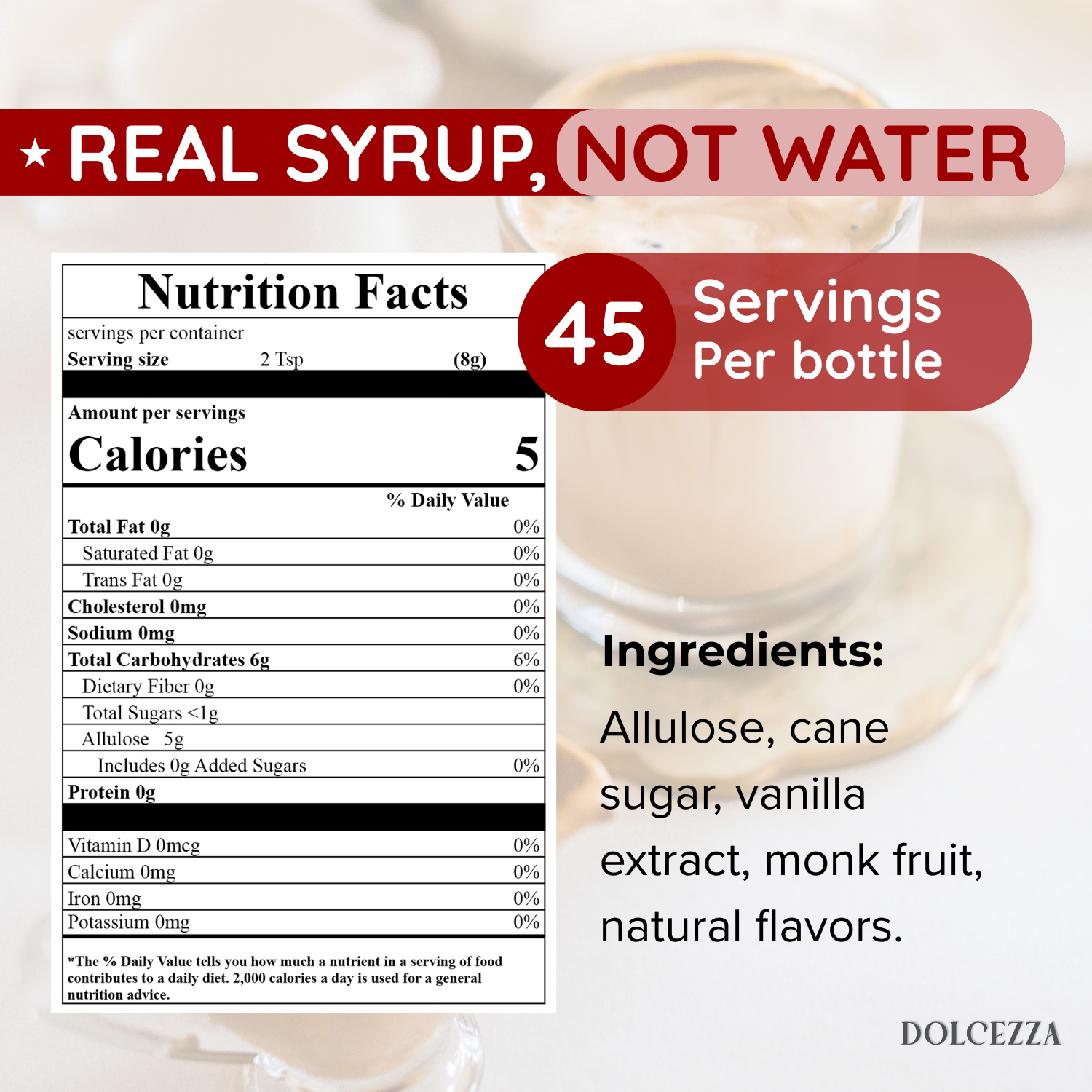 Low calorie simple syrup, keto and diabetic friendly, smooth and balanced sweetless. 

Perfect for coffee, sodas, cocktails or sweets.

45 servings per bottle. Only 5 cal per serving