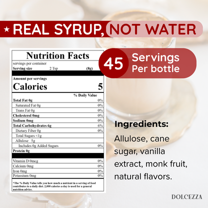 Low calorie simple syrup, keto and diabetic friendly, smooth and balanced sweetless. 

Perfect for coffee, sodas, cocktails or sweets.

45 servings per bottle. Only 5 cal per serving